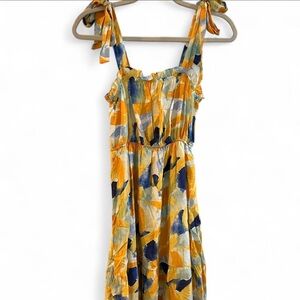 Yellow & Blue Printed Tie-Shoulder Midi Dress